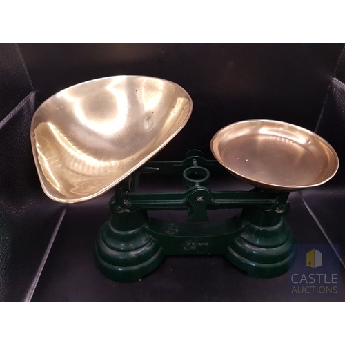 19 - Vintage green Librasco kitchen scales with 2 brass pans & set of 7 brass weights