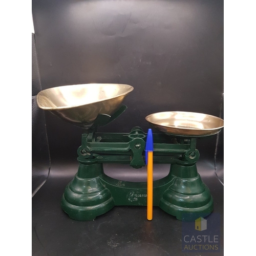 19 - Vintage green Librasco kitchen scales with 2 brass pans & set of 7 brass weights