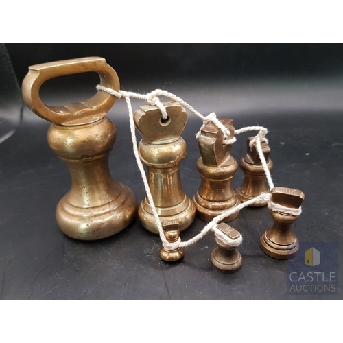 19 - Vintage green Librasco kitchen scales with 2 brass pans & set of 7 brass weights