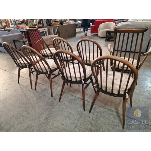 5 - Set of 8 x Ercol Windsor Dining Chairs Incl. Pair of 'Goldsmith' Pattern Carvers; Iconic Retro / Mid... 