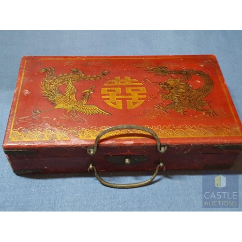 68 - Vintage Chinese Chess Set; Decorative Red Lacquered Wooden  Box Adorned with Dragon and Phoenix Moti... 