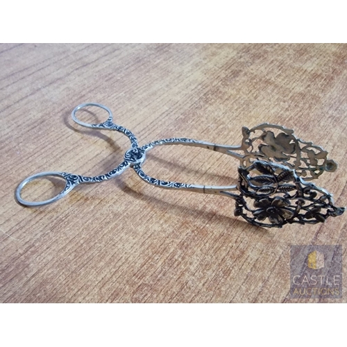 44 - Vintage Silver Pastry Tongs with Pierced Floral Design Slices and Decorative Handles, Cypriot Assay ... 