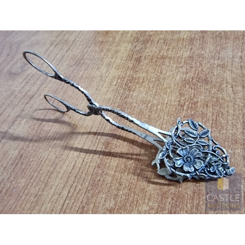 44 - Vintage Silver Pastry Tongs with Pierced Floral Design Slices and Decorative Handles, Cypriot Assay ... 