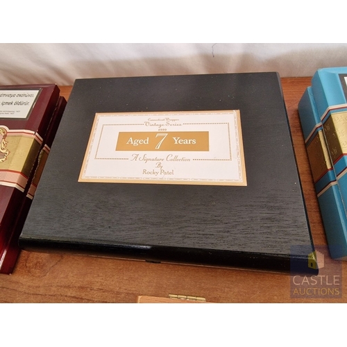 56 - Collection of 7 x Assorted Cigar Boxes; Decorative Cedar Wood Boxes with Hinged Lids, Together with ... 