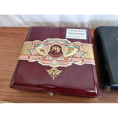 56 - Collection of 7 x Assorted Cigar Boxes; Decorative Cedar Wood Boxes with Hinged Lids, Together with ... 