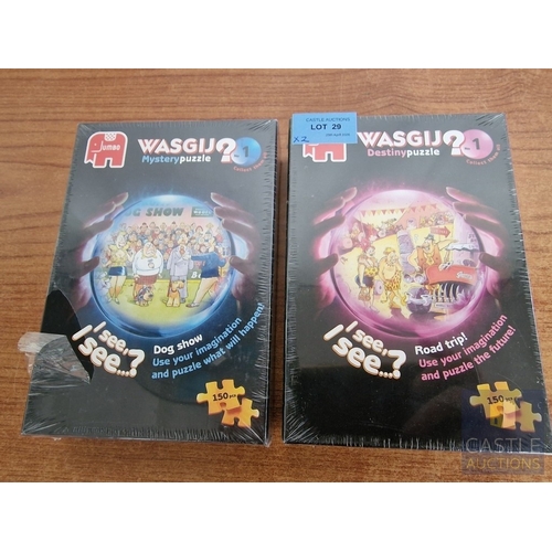 29 - 2 x WASGIJ Destiny Puzzles; Dog Show and Road Trip, Unused / Un-opened in Original Plastic, 150pcs E... 