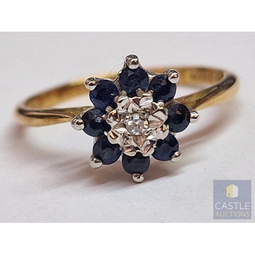 42 - Vintage 18ct Gold, Diamond & Sapphire Cluster Ring, the Central Round Cut Diamond with 8 x Surroundi... 