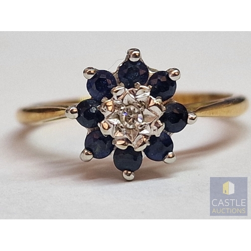 42 - Vintage 18ct Gold, Diamond & Sapphire Cluster Ring, the Central Round Cut Diamond with 8 x Surroundi... 