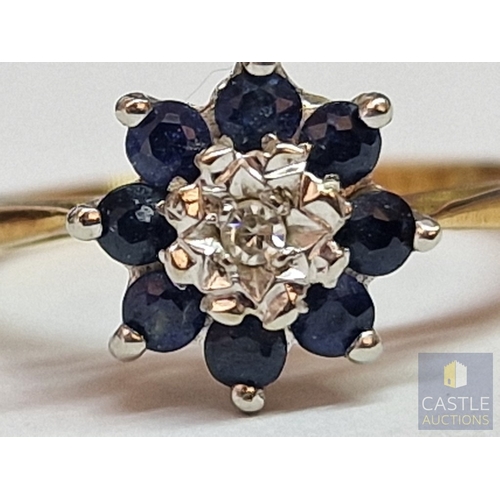 42 - Vintage 18ct Gold, Diamond & Sapphire Cluster Ring, the Central Round Cut Diamond with 8 x Surroundi... 