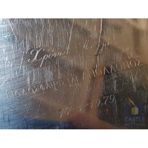 677F - Large  Silver Tone Tray with a Commemorative Inscription; ' Happy Birthday to the Apollon Footballer... 