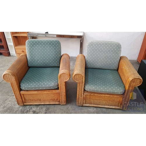 678E - Pair of Boho Chic Woven Bamboo Rattan Lounge Armchairs with Green Cushions (A/F), (2)