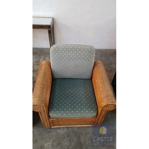 678E - Pair of Boho Chic Woven Bamboo Rattan Lounge Armchairs with Green Cushions (A/F), (2)