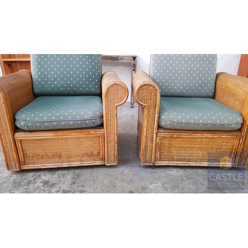 678E - Pair of Boho Chic Woven Bamboo Rattan Lounge Armchairs with Green Cushions (A/F), (2)