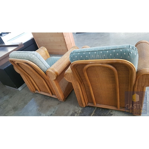 678E - Pair of Boho Chic Woven Bamboo Rattan Lounge Armchairs with Green Cushions (A/F), (2)