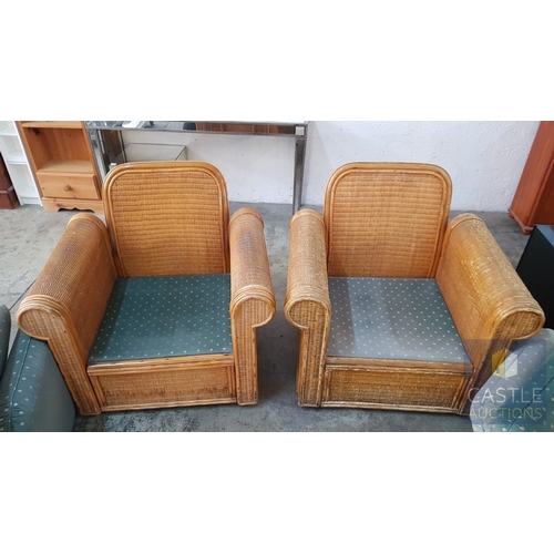 678E - Pair of Boho Chic Woven Bamboo Rattan Lounge Armchairs with Green Cushions (A/F), (2)
