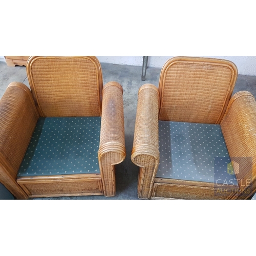 678E - Pair of Boho Chic Woven Bamboo Rattan Lounge Armchairs with Green Cushions (A/F), (2)