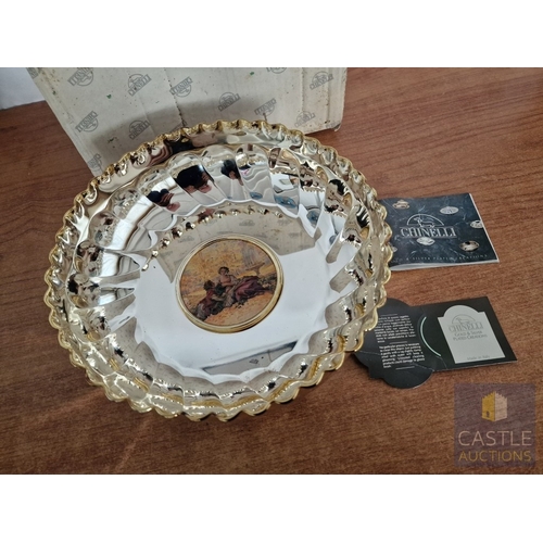 679F - Decorative 'Chinelli' Silver Plated Bowl with Pinched Gold Tone Rim and Hand Painted Sterling Silver... 