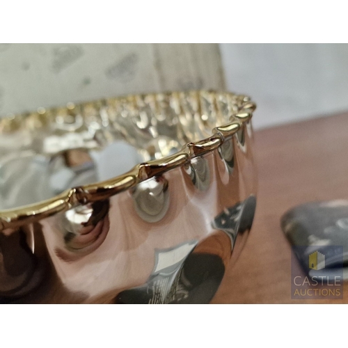 679F - Decorative 'Chinelli' Silver Plated Bowl with Pinched Gold Tone Rim and Hand Painted Sterling Silver... 