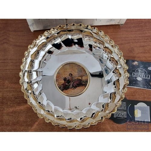 679F - Decorative 'Chinelli' Silver Plated Bowl with Pinched Gold Tone Rim and Hand Painted Sterling Silver... 