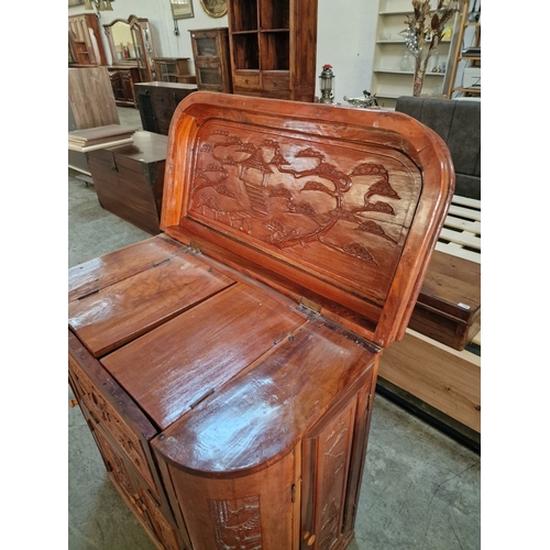 681C - Chinese Bar / Drinks Cabinet with Decorative Oriental Tree  Carvings, Lift Up Hinged Top with Openin... 