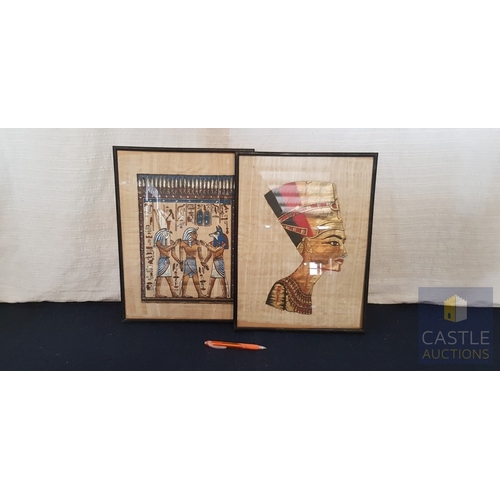 688F - 2 x Papyrus Framed Paintings, Depicting Queen Nefertiti & A Ritual Egyptian Scene, (Approx. Size 41c... 