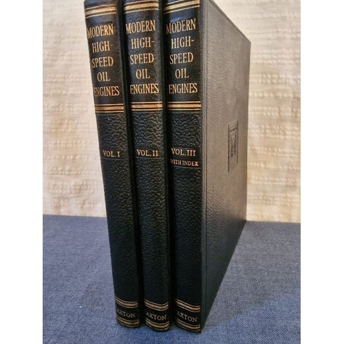 691E - 3 x Vintage Mid-Century Leather Bound Volumes of 'Modern High Speed Oil Engines', by C W Chapman, (3... 