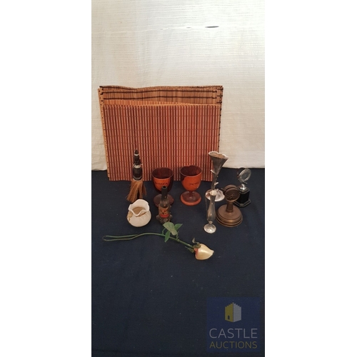 693F - Collection Of Ornaments & Souvenirs, Including Wooden Goblets, Small Metal Vases, Cricket Trophy & O... 