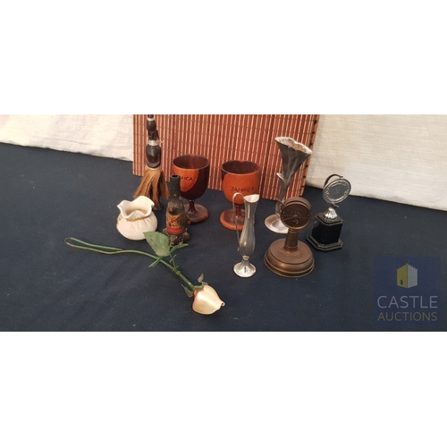 693F - Collection Of Ornaments & Souvenirs, Including Wooden Goblets, Small Metal Vases, Cricket Trophy & O... 