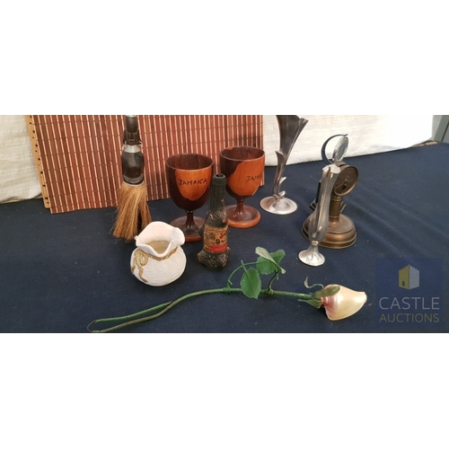 693F - Collection Of Ornaments & Souvenirs, Including Wooden Goblets, Small Metal Vases, Cricket Trophy & O... 