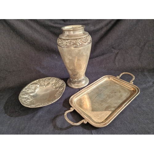 712F - Impressive White Metal Baluster Vase with Two Decorative Bands, Silver Plated Twin Handle Tray and D... 