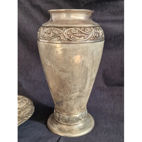 712F - Impressive White Metal Baluster Vase with Two Decorative Bands, Silver Plated Twin Handle Tray and D... 