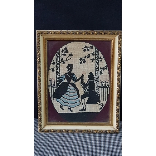 720F - Vintage Framed Needlework in Cross Stitch- Victorian Style Courting Couple in Silhouette (Approx. 24... 