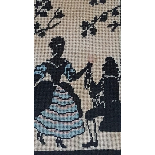720F - Vintage Framed Needlework in Cross Stitch- Victorian Style Courting Couple in Silhouette (Approx. 24... 