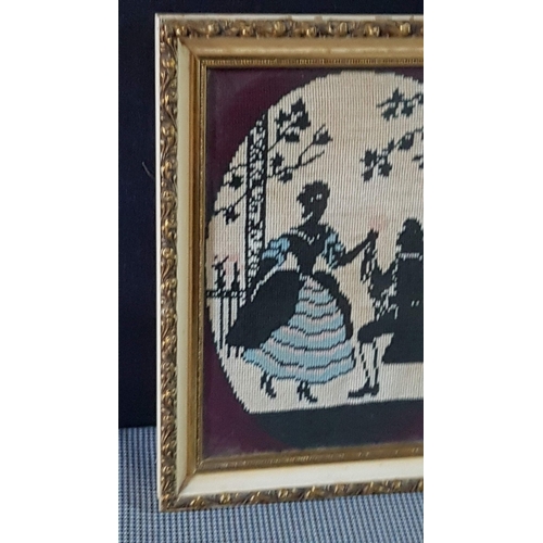 720F - Vintage Framed Needlework in Cross Stitch- Victorian Style Courting Couple in Silhouette (Approx. 24... 