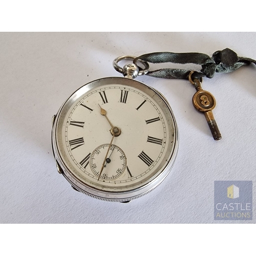 721F - Antique Sterling Silver Pocket Watch, Key Wound Movement * Running When Lotted *, with White Face & ... 