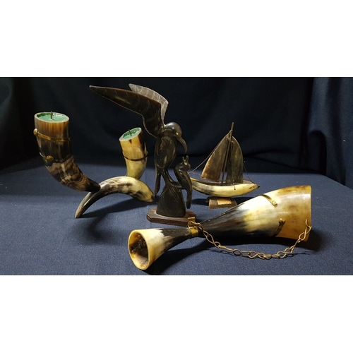 731F - Vintage  Hand Carved Folk  Art Made from Natural Horn (Cow or Bull); Double Candle Holder, Bird Scul... 