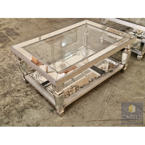 733F - Stylish & Classical Antique Effect Mirrored Rectangular Coffee Table with Glass Top and Mirrored Low... 