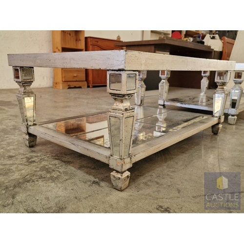 733F - Stylish & Classical Antique Effect Mirrored Rectangular Coffee Table with Glass Top and Mirrored Low... 