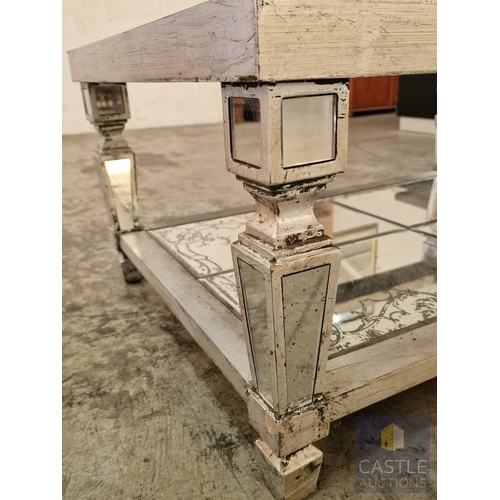 733F - Stylish & Classical Antique Effect Mirrored Rectangular Coffee Table with Glass Top and Mirrored Low... 