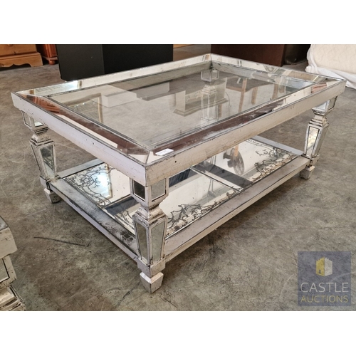 734F - Stylish & Classical Antique Effect Mirrored Rectangular Coffee Table with Glass Top and Mirrored Low... 