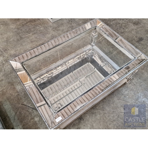 734F - Stylish & Classical Antique Effect Mirrored Rectangular Coffee Table with Glass Top and Mirrored Low... 
