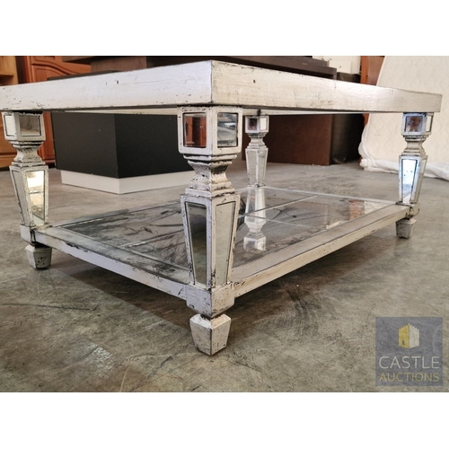 734F - Stylish & Classical Antique Effect Mirrored Rectangular Coffee Table with Glass Top and Mirrored Low... 