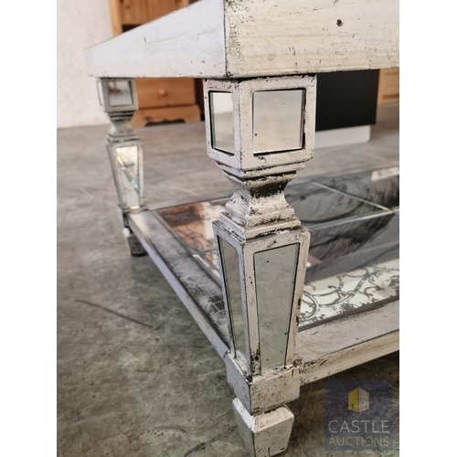 734F - Stylish & Classical Antique Effect Mirrored Rectangular Coffee Table with Glass Top and Mirrored Low... 