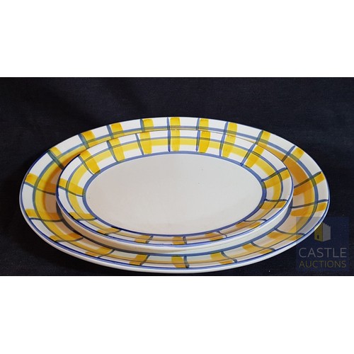 736F - Set of 2x Ceramic Oval Serving Dishes with Geometric Blue and Yellow Pattern (Approx. 32cm x 23cm/ 4... 
