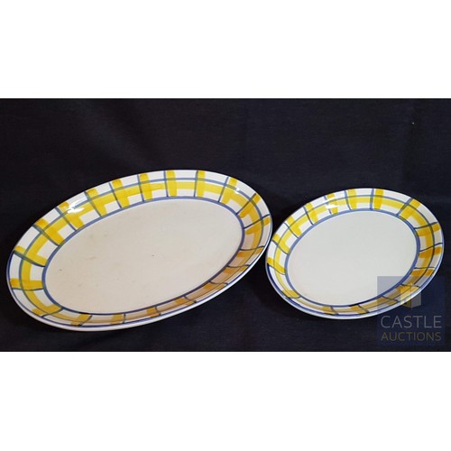 736F - Set of 2x Ceramic Oval Serving Dishes with Geometric Blue and Yellow Pattern (Approx. 32cm x 23cm/ 4... 