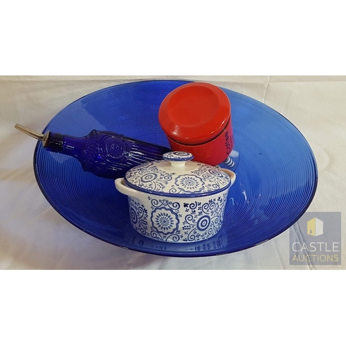 738F - Assorted Kitchen Miscellaneous; Royal Blue Glass Jumbo Size  Bowl (Approx. Ø: 40cm H: 11cm) and Bott... 