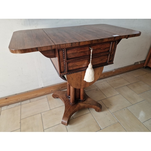 740F - Excellent Antique Rosewood Work Table, Circa 19th Century, Drop Leaf Table with 4-Cluster Column Ped... 