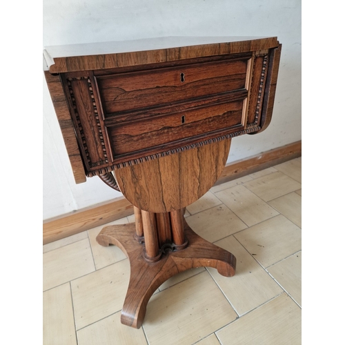 740F - Excellent Antique Rosewood Work Table, Circa 19th Century, Drop Leaf Table with 4-Cluster Column Ped... 