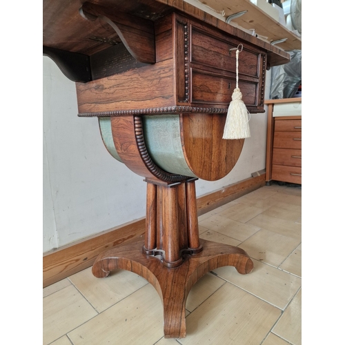 740F - Excellent Antique Rosewood Work Table, Circa 19th Century, Drop Leaf Table with 4-Cluster Column Ped... 