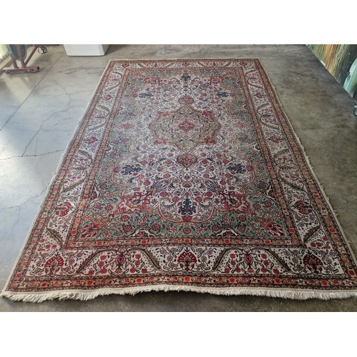 746F - Antique Hand Woven Persian Tabriz Carpet with Central Medallion, Floral Decoration and Green & Beige... 
